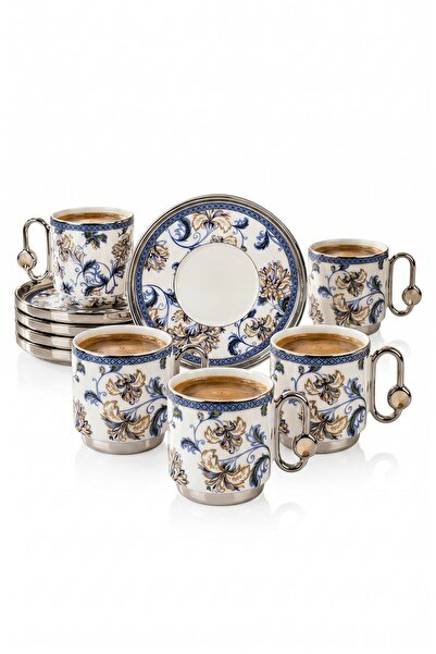ALBETTO 6-Person Luxury Porcelain Silver Gilded Cup Set (Silver)