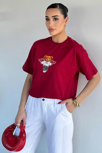 Aryena Burgundy Women's Printed Crew Neck T-Shirt