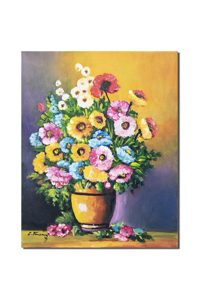 artnova Tablou cu flori pictat manual, Vaza cu bujori si anemone, 50x40cm ule...