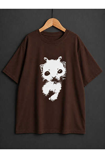ZİYMO Unisex Y2K Alien Cat Printed Oversized T-Shirt