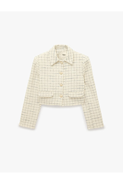 Koton Düğmeli Ekoseli Uzun Kollu Gömlek Yaka Crop Blazer Ceket