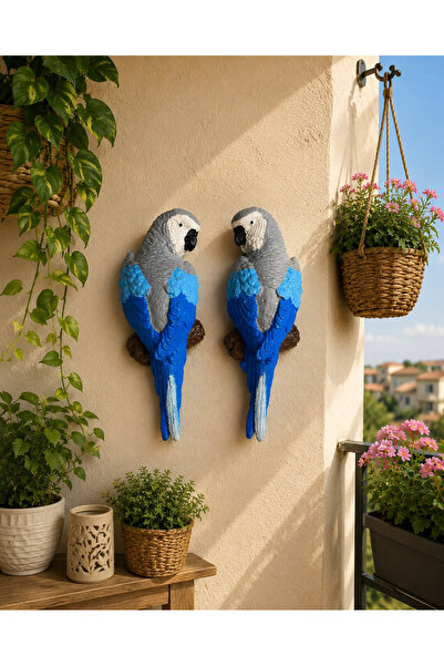 BUBUHOMEDECOR 2'li Reçine Papağanı Bahçe ve Balkon Süsü gri mavi