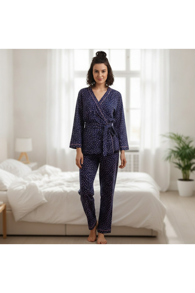 BONBON Women's Clothing Navy Blue Color Heart Printed Dressing Gown Set Bb2670