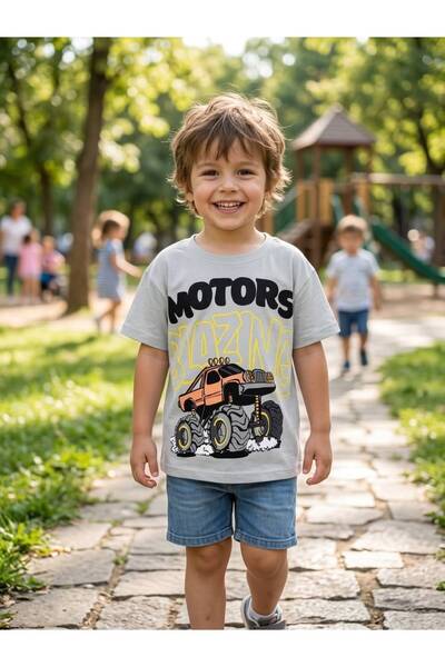 difa kids Erkek Çocuk Monster Truck "Motors Blazing" Baskılı Pamuklu Tişört