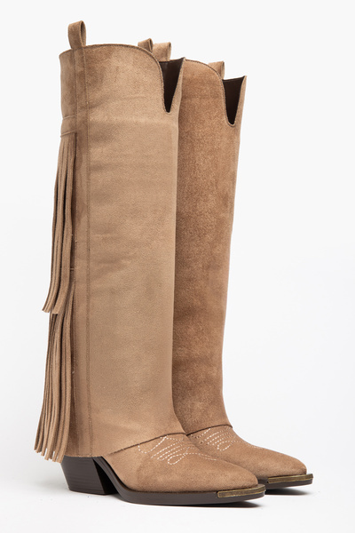 DENORA Mink Camel Matte Suede Tasseled Trousers Metal Toe Western Cowboy Knee...