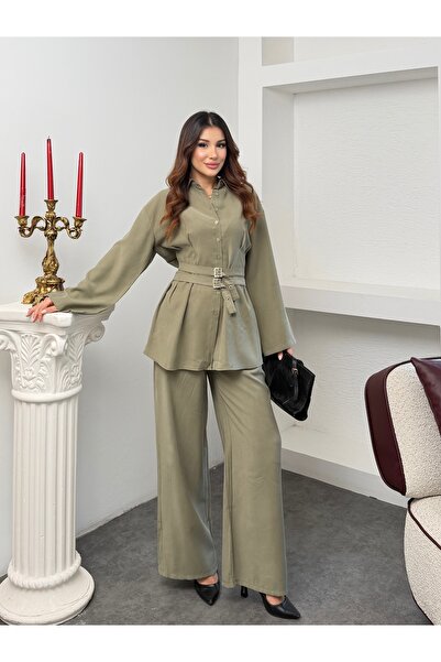 MiraMore Butik Women's Belted Shirt Wide-Leg Pants Set