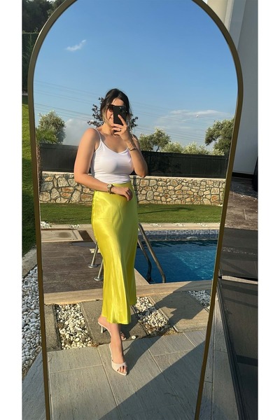 HandeButik Kadın Yüksek Bel Dökümlü Midi Boy Saten Etek