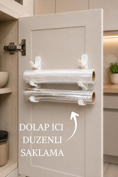 Nandy Home Mutfak Rulo Organizeri - 3 Katlı - Streç Folyo Askısı - Yapışkanlı Düzenleyici Askı Aparatı