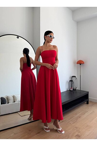 FLOWERİNG Women's Red Rope Strap Flounce Maxi Dress