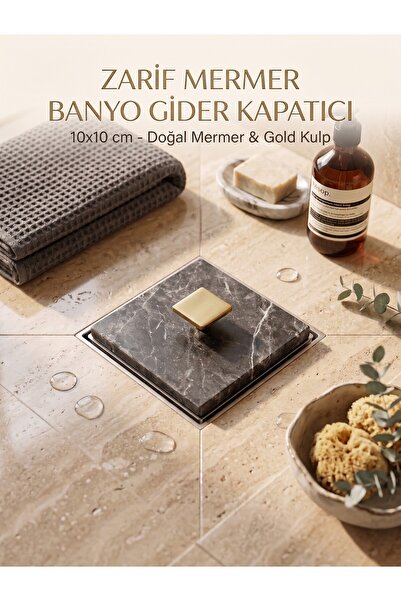 FARALYAHOME Doğal Siyah Mermer Kare Banyo Gider Kapatıcı 10x10 cm Gold Kulp