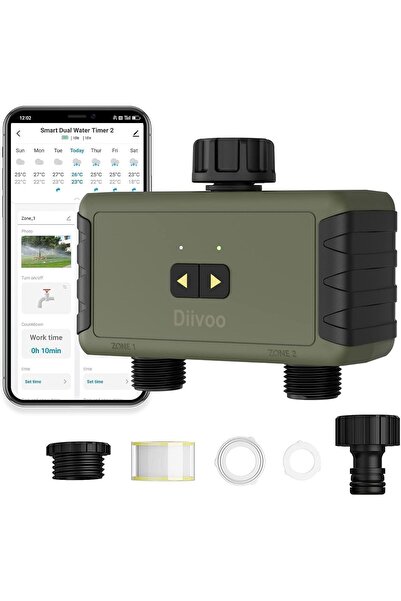 Diivoo Bluetooth контролер за напояване, 2 изхода, таймер с Alexa, 20 програм...