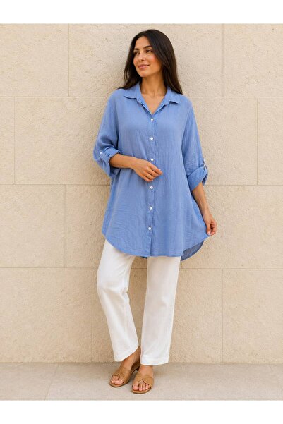 AGORATEKSTİL Women's Italian Three-Quarter Sleeve Lace Back Cotton Shirt 44-48