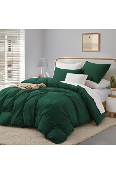Gezu Bed Linen 220 x 240 cm Cotton Green 3-Piece Dark Green Plain Double Bed ...