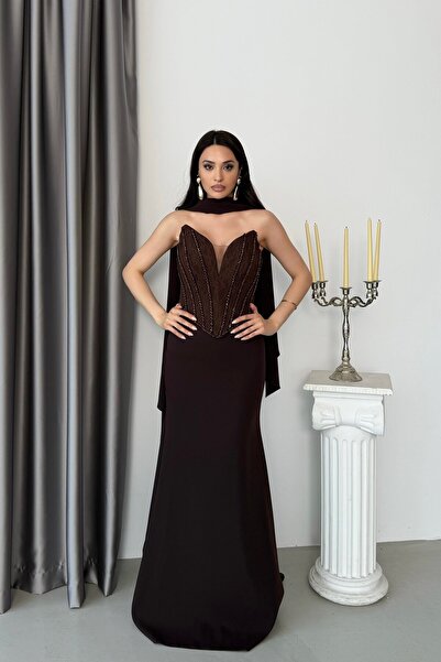 Serica Moda Kahverengi Straplez Dantel Korse Detaylı Fularlu Balık Model Abiy...