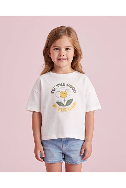 REDTAG Girls Ivory Good Vibes Graphic T-Shirt