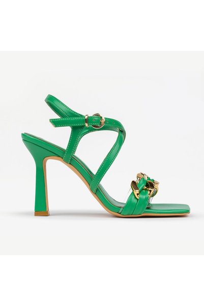 BONO Women's Green Gold Chain Detailed Ankle Strap Thin Heeled Evening Dress ...