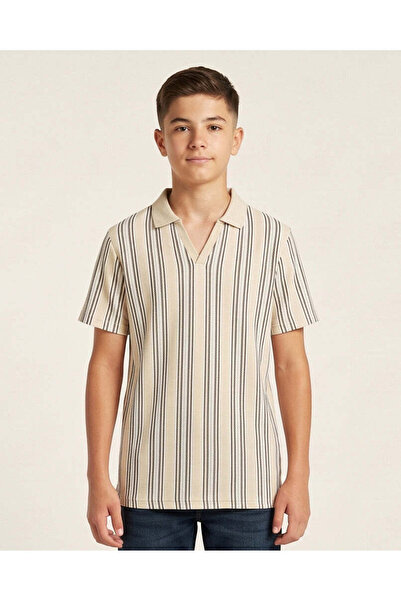 REDTAG Senior Boy Beige Stripe Polo T Shirt