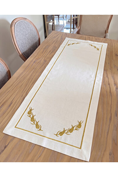 Gold Nakışlı Keten Kumaş 1 Adet Runner, 50x150cm