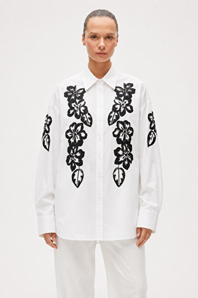 Jose Clothing White Hand-Painted Floral Pattern Oversize Long Sleeve Shirt