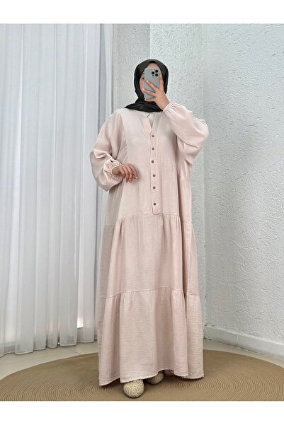 MİHRA STORE Nurperi Muslin Casual 6 Button Dress-Na2416 Stone