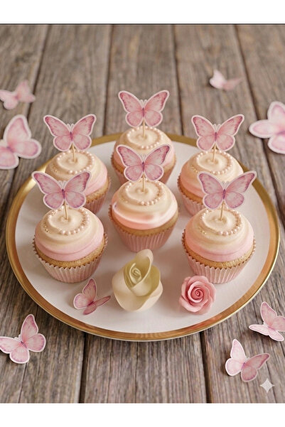 GÖKÇEM ART CLUB Pembe Kelebek Konsept 12 li Cupcake Kürdan Süsü 12li Pipet Seti