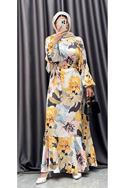 NİSUM MODA Floral Patterned Satin Hijab Dress