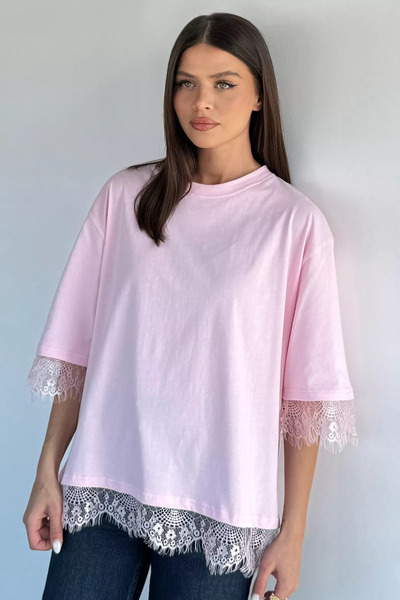 Aryena Pink Gülseli Women's Crew Neck Lace Detailed T-Shirt