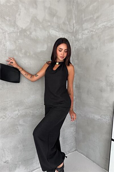 Neşeli Butik Costum de vară premium, negru, cu guler halter, fără mâneci, din...