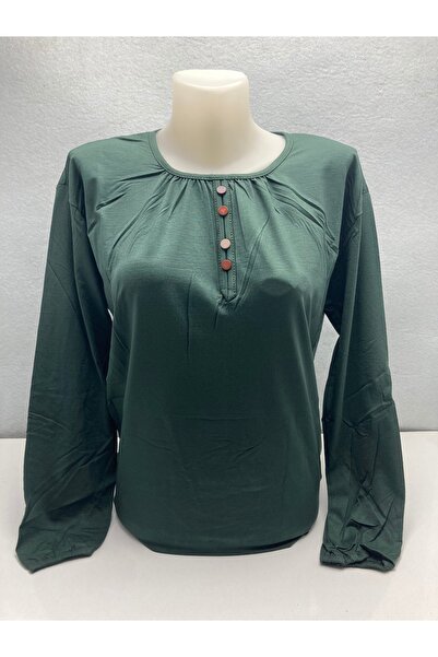 LÜKS MİRAYDA Green Color Half Button Elasticized Sleeves Long Sleeve Mom Comb...