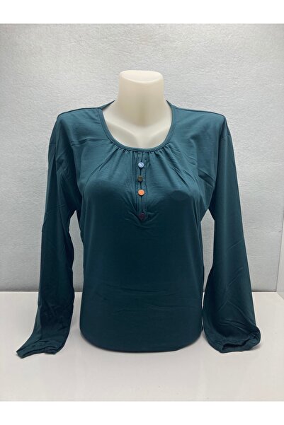 LÜKS MİRAYDA Petrol Blue Color Half Buttoned Elasticized Sleeves Long Sleeve ...