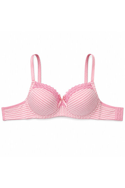 Generic Girls Padded Striped Bra with Lace Trim and Adjustable Straps-48-Pink...