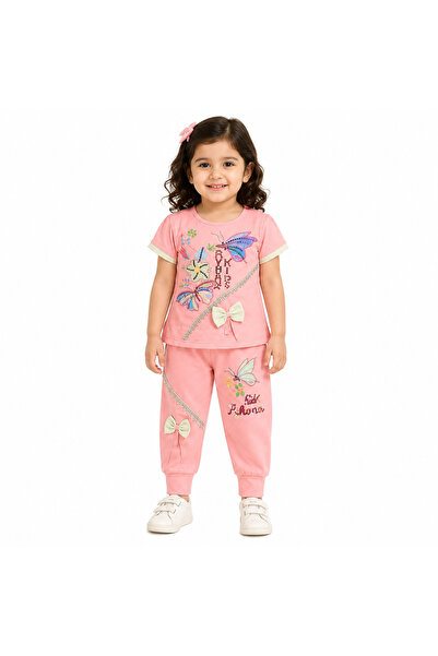 Generic Girls' Set Pink Butterfly Graphic T-Shirt and Pants Two-Piece Set