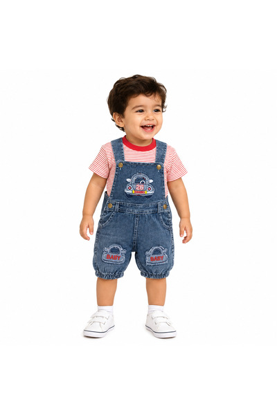 Generic Slobbit Jeans Set with Car Embroidered Striped T-Shirt for Kids