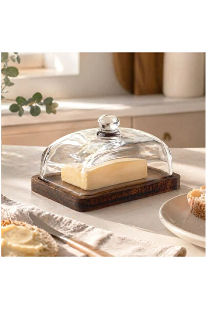 VonaHome Glass Butter Dish with Acacia Wood Base 17X12X7 cm