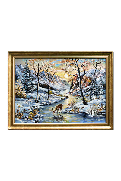 artnova Ръчно рисувана картина на зимен пейзаж с елен, в рамка, 80x60см, масл...