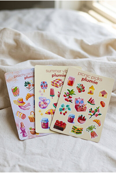 Plumie 3’lü Yaz Temalı Sticker Sheet Seti A6 – Picnic, Summer Vibes ve Peachy...