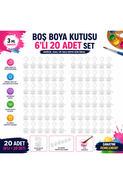 Genel Markalar 6’lı 20 Adet Boş Boya Kutusu 3 ml – Akrilik, Guaj ve Sulu Boya...