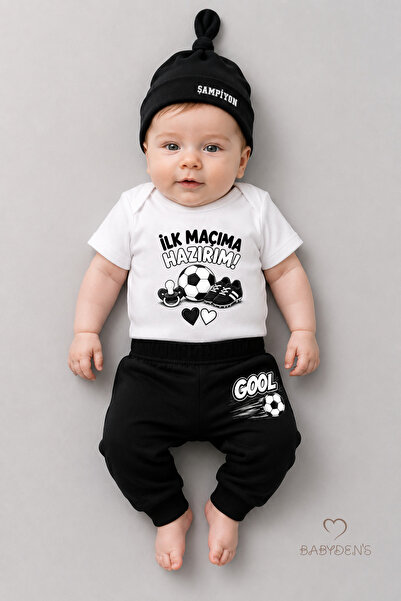 BABYDEN'S Bebek 3'lü Takım Siyah Beyaz Taraftar Temalı Kısa Kol %100 Pamuk Ye...