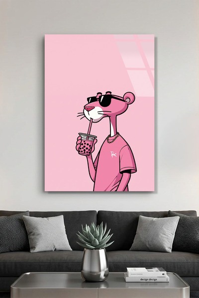 Vitraum Pembe Renkli Gözlüklü Karakter Pop Art İllüstrasyon Cam Tablo