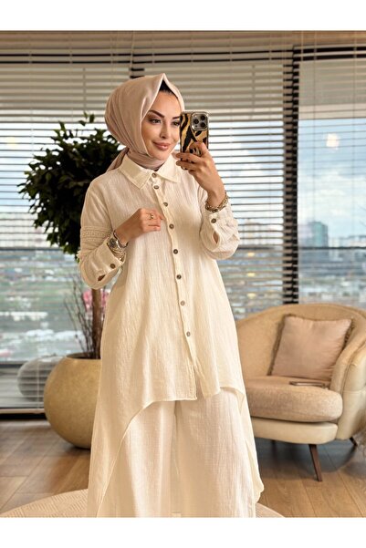 Afili 7114 Front Oval Back Long Linen Suit Ecru