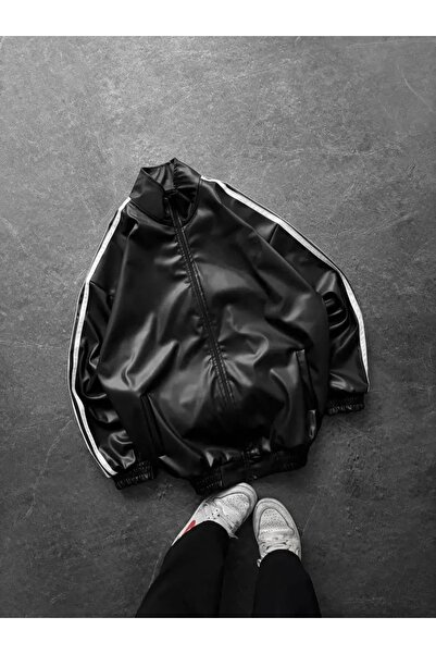 Lorinfo Unisex Noir Şeritli Oversize Fermuarlı Ceket