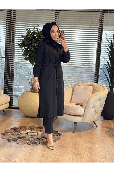ALANURMODA 3204 قميص متوسط ​​الطول بفتحة جانبية باللون الأسود