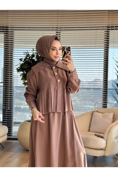 ALANURMODA 7457 Pleated Gold Buttoned Skirt Suit Mink