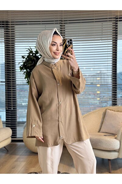 ALANURMODA 4445 قبعة بدون ياقة مع سحاب أمامي باللون البيج