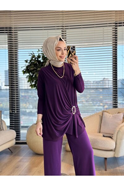 Afili 4225 طقم بنطلون بحزام جانبي ورباطات باللون البرقوق