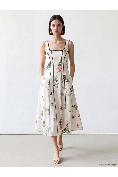 LC Waikiki Lcw Comfort Beige Square Neck Floral Dress