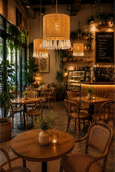 livadesign7 El Yapımı Püsküllü Rafya Bohem Avize - Kafe, Balkon, Hol, Salon S...