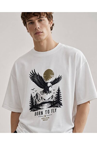 CANMODA Unisex White Oversize Eagle Mountain View Nature Printed T-Shirt