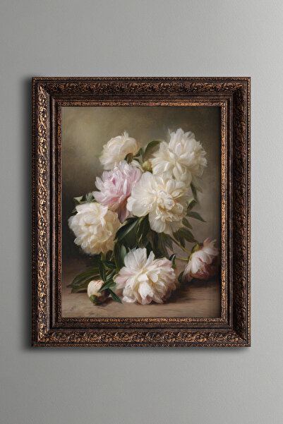 epiqart White Peony Bouquet – Vintage Patterned Painting – Thick Model