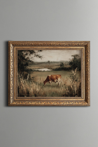 epiqart Cow Grazing in the Countryside - Vintage Patterned Painting - Thick M...